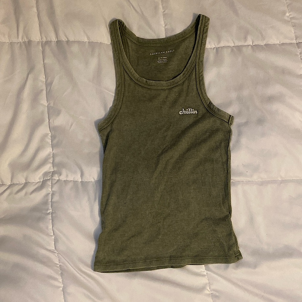 American Eagle embroidered “chillin” green tank top